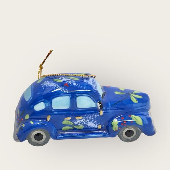 Kurt Adler NWT Blue Porcelain Vintage Car Mistletoe Christmas Ornament - Picture 2 of 7